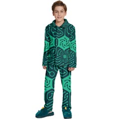 Circuit Hexagonal Geometric Pattern Background Green Kids  Long Sleeve Velvet Pajamas Set by Jancukart