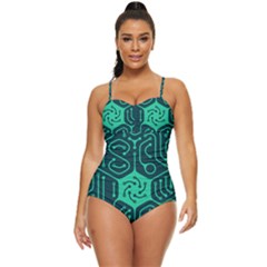 Circuit Hexagonal Geometric Pattern Background Green Retro Full Coverage Swimsuit by Jancukart