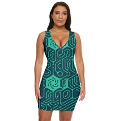 Circuit Hexagonal Geometric Pattern Background Green Draped Bodycon Dress