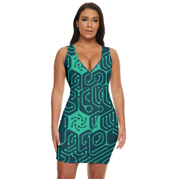 Circuit Hexagonal Geometric Pattern Background Green Draped Bodycon Dress