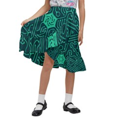 Circuit Hexagonal Geometric Pattern Background Green Kids  Ruffle Flared Wrap Midi Skirt