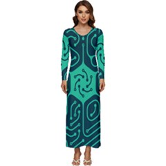 Circuit Hexagonal Geometric Pattern Background Green Long Sleeve Longline Maxi Dress