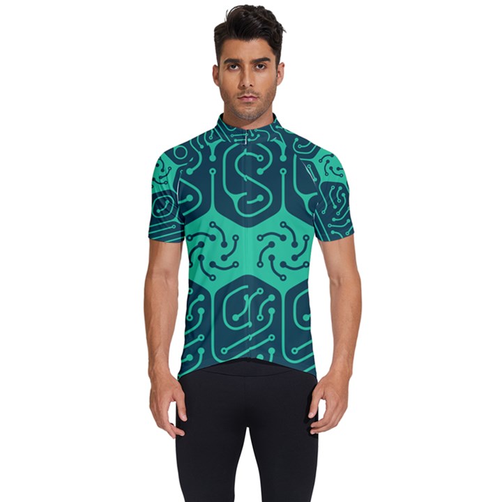 Circuit Hexagonal Geometric Pattern Background Green Men s Short Sleeve Cycling Jersey