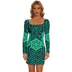 Circuit Hexagonal Geometric Pattern Background Green Long Sleeve Square Neck Bodycon Velvet Dress by Jancukart