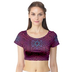 Circuit Hexagonal Geometric Pattern Background Purple Short Sleeve Crop Top by Jancukart