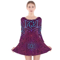 Circuit Hexagonal Geometric Pattern Background Purple Long Sleeve Velvet Skater Dress