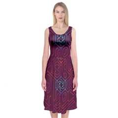 Circuit Hexagonal Geometric Pattern Background Purple Midi Sleeveless Dress