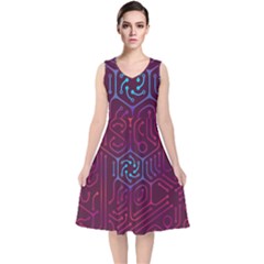 Circuit Hexagonal Geometric Pattern Background Purple V-neck Midi Sleeveless Dress 