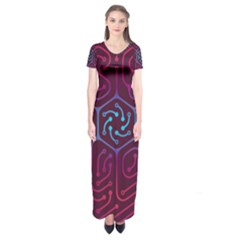 Circuit Hexagonal Geometric Pattern Background Purple Short Sleeve Maxi Dress