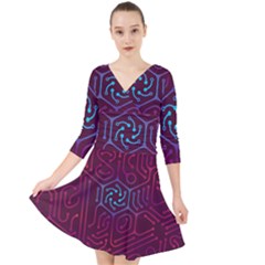 Circuit Hexagonal Geometric Pattern Background Purple Quarter Sleeve Front Wrap Dress