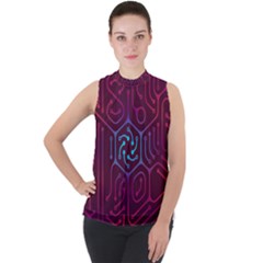 Circuit Hexagonal Geometric Pattern Background Purple Mock Neck Chiffon Sleeveless Top