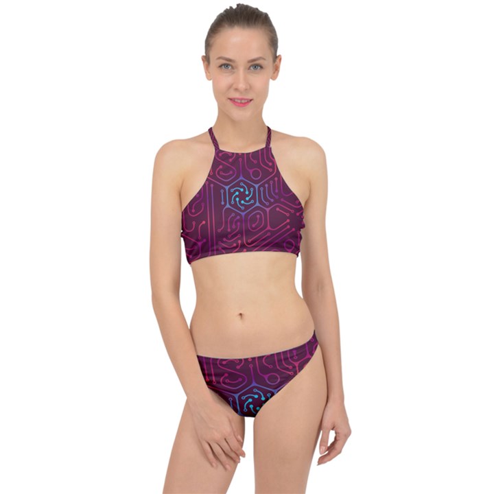 Circuit Hexagonal Geometric Pattern Background Purple Racer Front Bikini Set