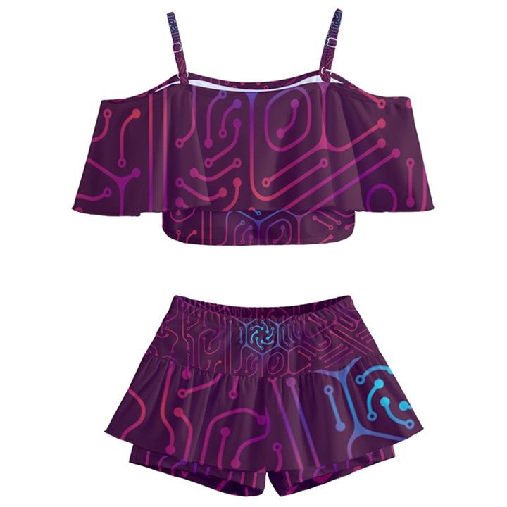 Circuit Hexagonal Geometric Pattern Background Purple Kids  Off Shoulder Skirt Bikini