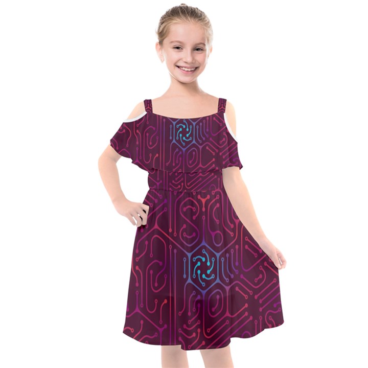 Circuit Hexagonal Geometric Pattern Background Purple Kids  Cut Out Shoulders Chiffon Dress