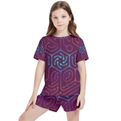 Circuit Hexagonal Geometric Pattern Background Purple Kids  Tee And Sports Shorts Set