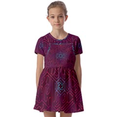 Circuit Hexagonal Geometric Pattern Background Purple Kids  Short Sleeve Pinafore Style Dress by Jancukart