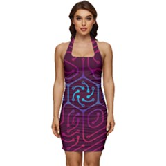 Circuit Hexagonal Geometric Pattern Background Purple Sleeveless Wide Square Neckline Ruched Bodycon Dress by Jancukart