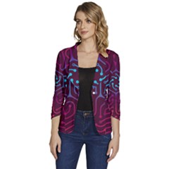 Circuit Hexagonal Geometric Pattern Background Purple Women s One-button 3/4 Sleeve Short Jacket