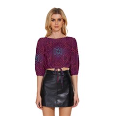 Circuit Hexagonal Geometric Pattern Background Purple Mid Sleeve Drawstring Hem Top