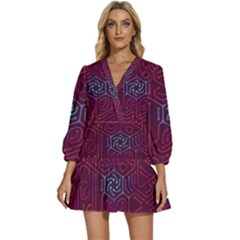 Circuit Hexagonal Geometric Pattern Background Purple V-neck Placket Mini Dress