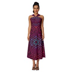 Circuit Hexagonal Geometric Pattern Background Purple Sleeveless Cross Front Cocktail Midi Chiffon Dress