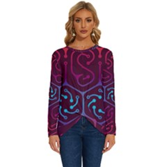 Circuit Hexagonal Geometric Pattern Background Purple Long Sleeve Crew Neck Pullover Top