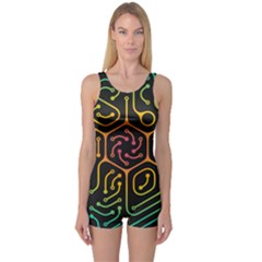 Circuit Hexagonal Geometric Pattern Background Pattern One Piece Boyleg Swimsuit