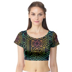 Circuit Hexagonal Geometric Pattern Background Pattern Short Sleeve Crop Top by Jancukart