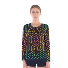 Circuit Hexagonal Geometric Pattern Background Pattern Women s Long Sleeve Tee