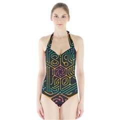 Circuit Hexagonal Geometric Pattern Background Pattern Halter Swimsuit