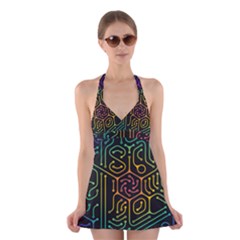 Circuit Hexagonal Geometric Pattern Background Pattern Halter Dress Swimsuit 