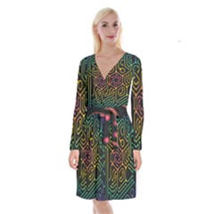 Circuit Hexagonal Geometric Pattern Background Pattern Long Sleeve Velvet Front Wrap Dress