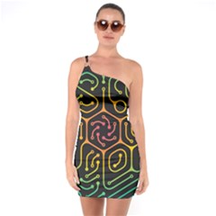 Circuit Hexagonal Geometric Pattern Background Pattern One Shoulder Ring Trim Bodycon Dress