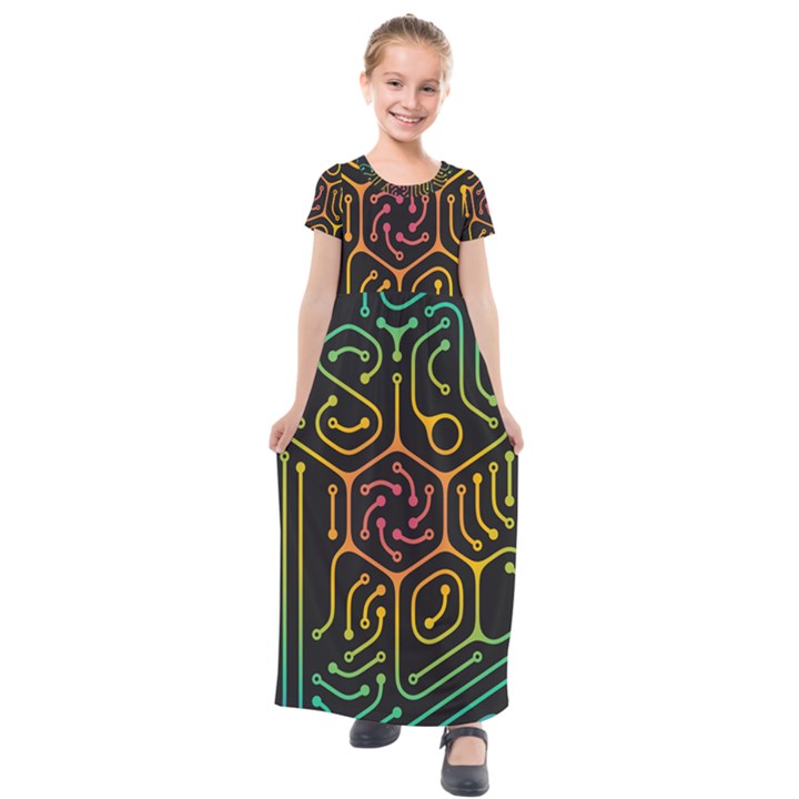 Circuit Hexagonal Geometric Pattern Background Pattern Kids  Short Sleeve Maxi Dress