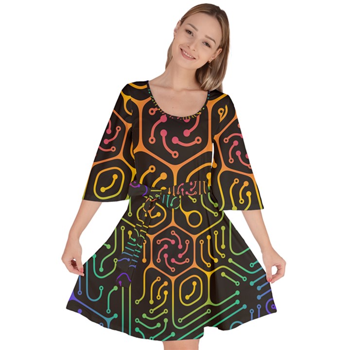 Circuit Hexagonal Geometric Pattern Background Pattern Velour Kimono Dress