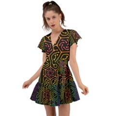 Circuit Hexagonal Geometric Pattern Background Pattern Flutter Sleeve Wrap Dress