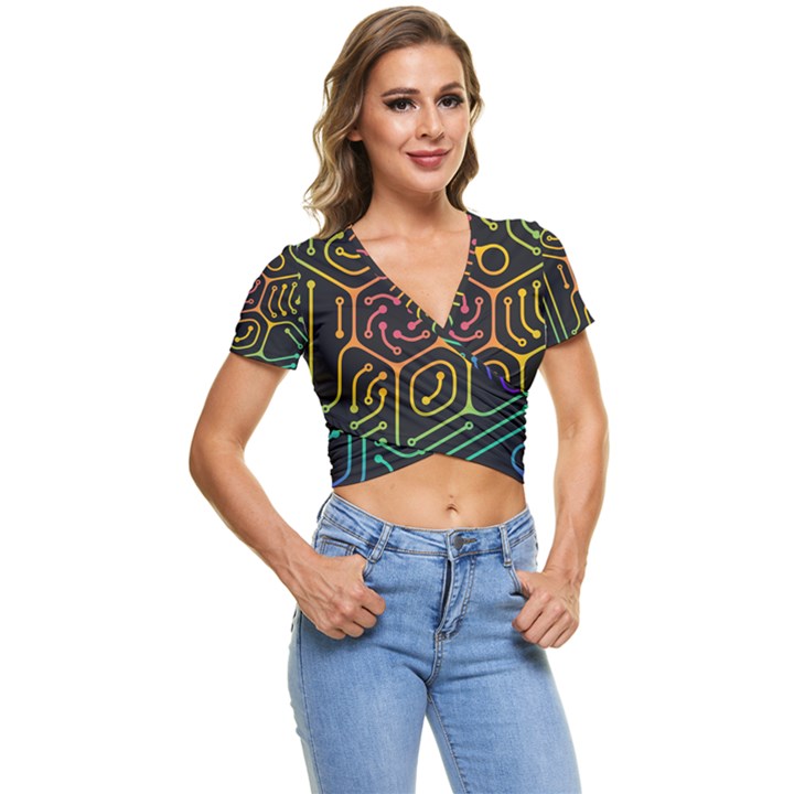 Circuit Hexagonal Geometric Pattern Background Pattern Short Sleeve Foldover Tee