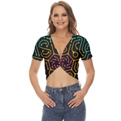 Circuit Hexagonal Geometric Pattern Background Pattern Twist Front Crop Top