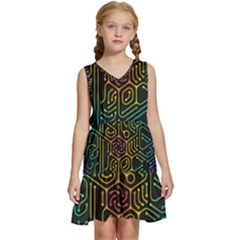 Circuit Hexagonal Geometric Pattern Background Pattern Kids  Sleeveless Tiered Mini Dress by Jancukart