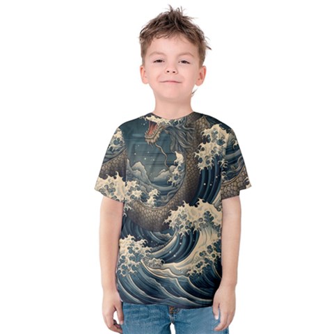 Sea Dragon Kanagawa Sea Monster Kids  Cotton Tee by Jancukart