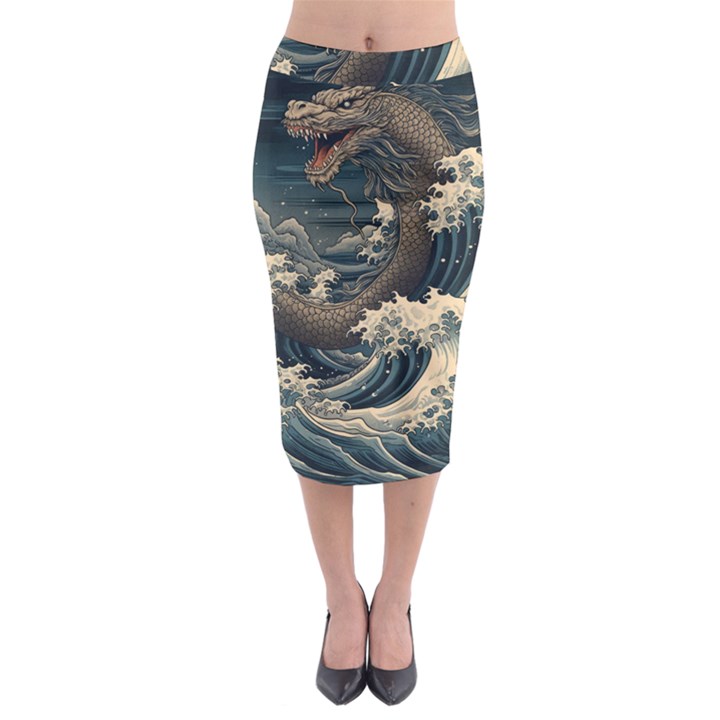 Sea Dragon Kanagawa Sea Monster Midi Pencil Skirt