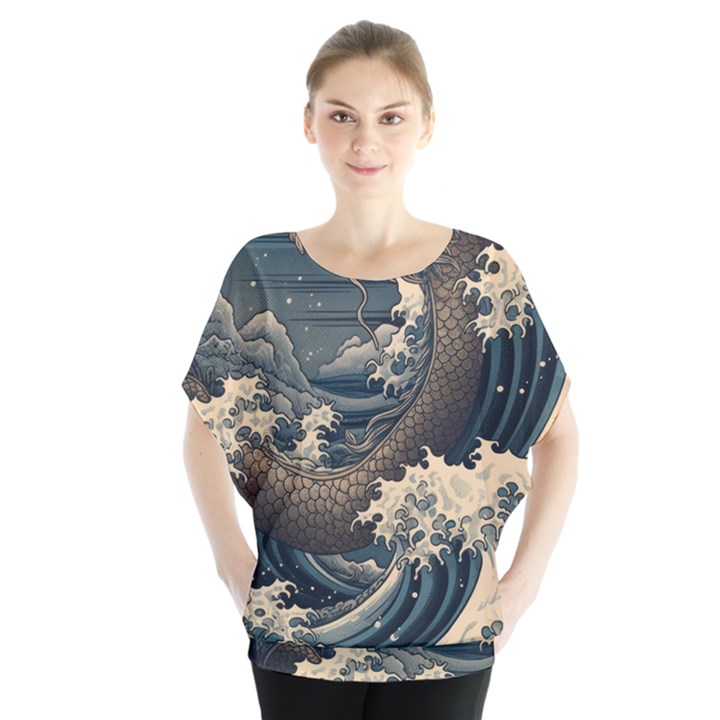 Sea Dragon Kanagawa Sea Monster Batwing Chiffon Blouse