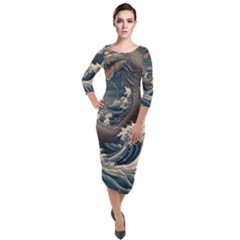 Sea Dragon Kanagawa Sea Monster Quarter Sleeve Midi Velour Bodycon Dress by Jancukart