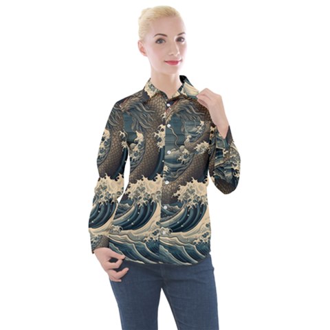 Sea Dragon Kanagawa Sea Monster Women s Long Sleeve Pocket Shirt by Jancukart