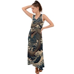 Sea Dragon Kanagawa Sea Monster V-neck Chiffon Maxi Dress