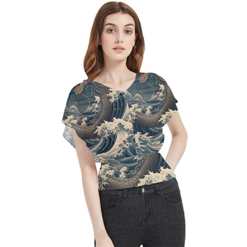 Sea Dragon Kanagawa Sea Monster Butterfly Chiffon Blouse by Jancukart