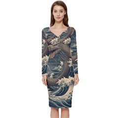 Sea Dragon Kanagawa Sea Monster Long Sleeve V-neck Bodycon Dress  by Jancukart