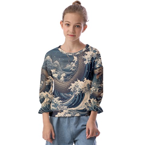 Sea Dragon Kanagawa Sea Monster Kids  Cuff Sleeve Top by Jancukart