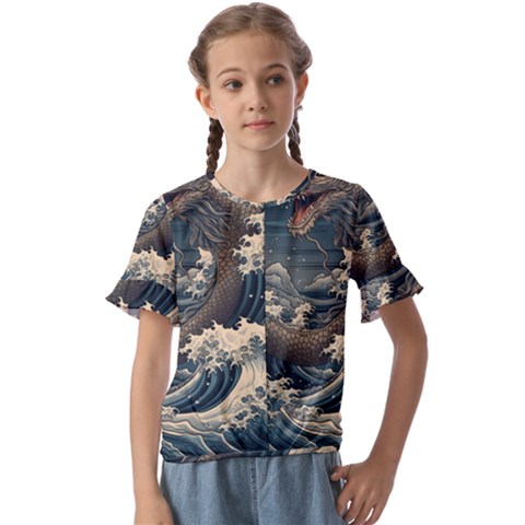 Sea Dragon Kanagawa Sea Monster Kids  Cuff Sleeve Scrunch Bottom Tee by Jancukart