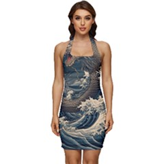 Sea Dragon Kanagawa Sea Monster Sleeveless Wide Square Neckline Ruched Bodycon Dress